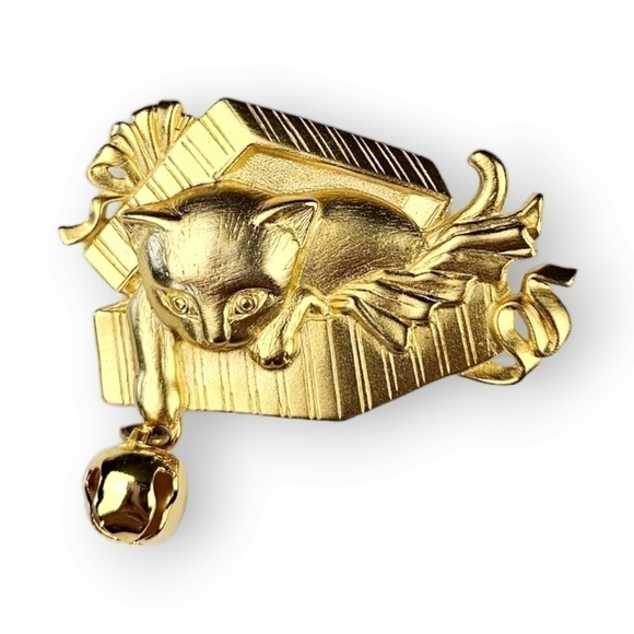 Jj Christmas Cat Brooch Jonette Jewelry Brushed Gold Plate Jingle Bell Vtg 2" - Picture 5 of 7